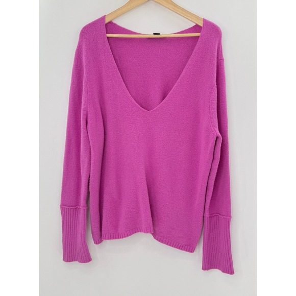 Something Navy V-Neck Soft Knit Sweater Vibrant Pink M, Cozycore‎ Oversized Boho - Picture 1 of 9